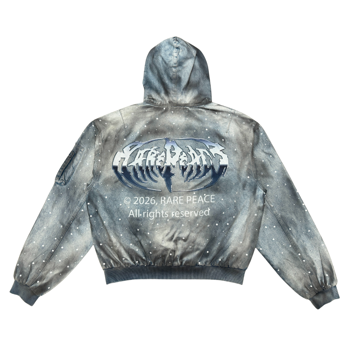 RARE PEACE WASHED DENIM BOMBER JACKET W/ RHINESTONE DETAIL