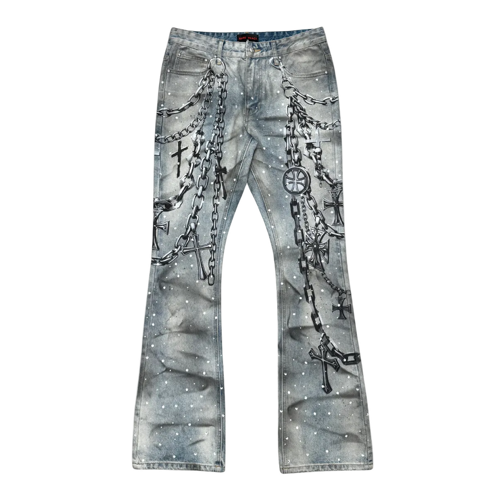 RARE PEACE WASHED STACK DENIM W/ RHINESTONE DETAIL