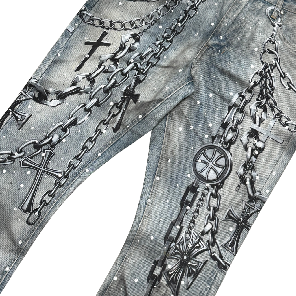 RARE PEACE WASHED STACK DENIM W/ RHINESTONE DETAIL