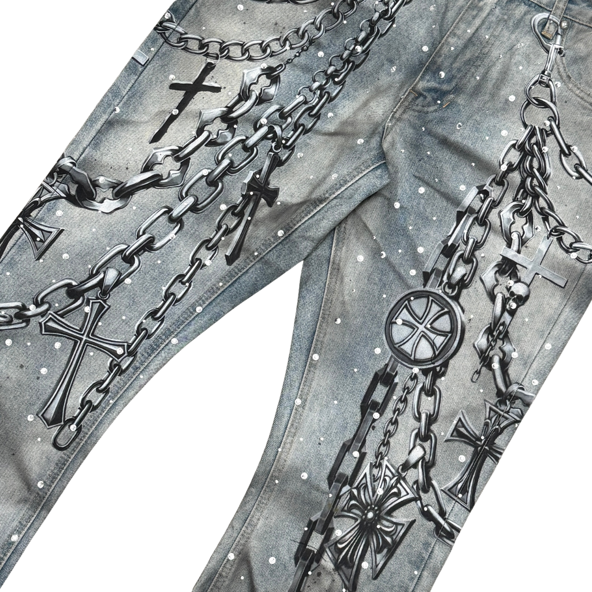 RARE PEACE WASHED STACK DENIM W/ RHINESTONE DETAIL