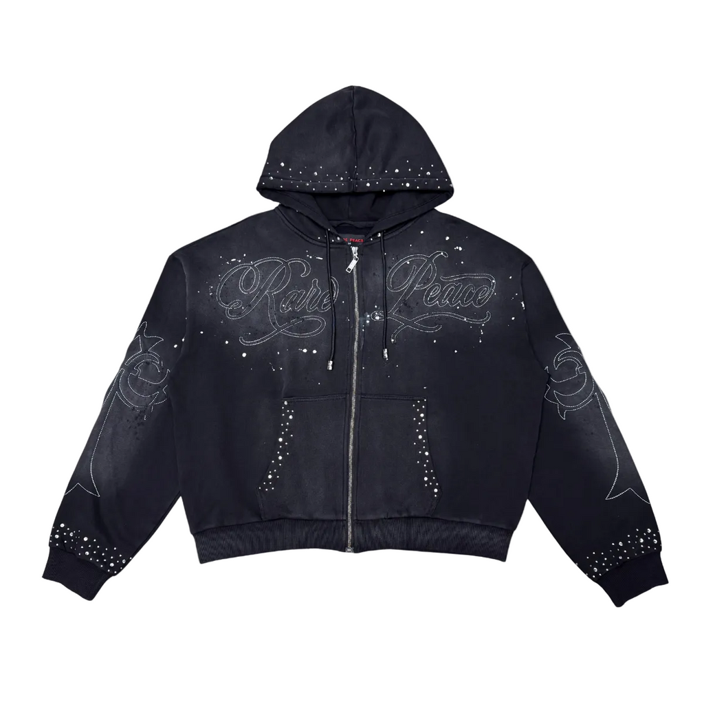 RARE PEACE WASHED RHINESTONE + EMBOSSED SPLATTER ZIP UP HOODIE