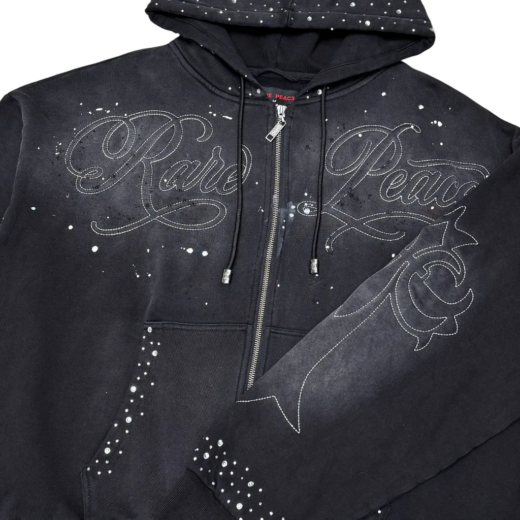RARE PEACE WASHED RHINESTONE + EMBOSSED SPLATTER ZIP UP HOODIE