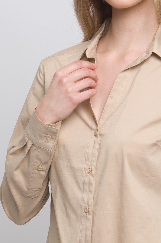 Woven Solid Long Sleeve Button Down Blouse