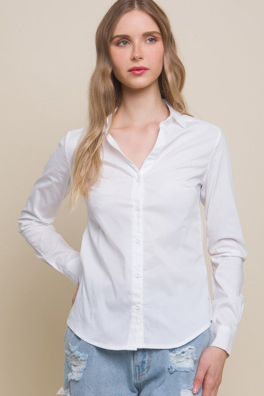 Woven Solid Long Sleeve Button Down Blouse