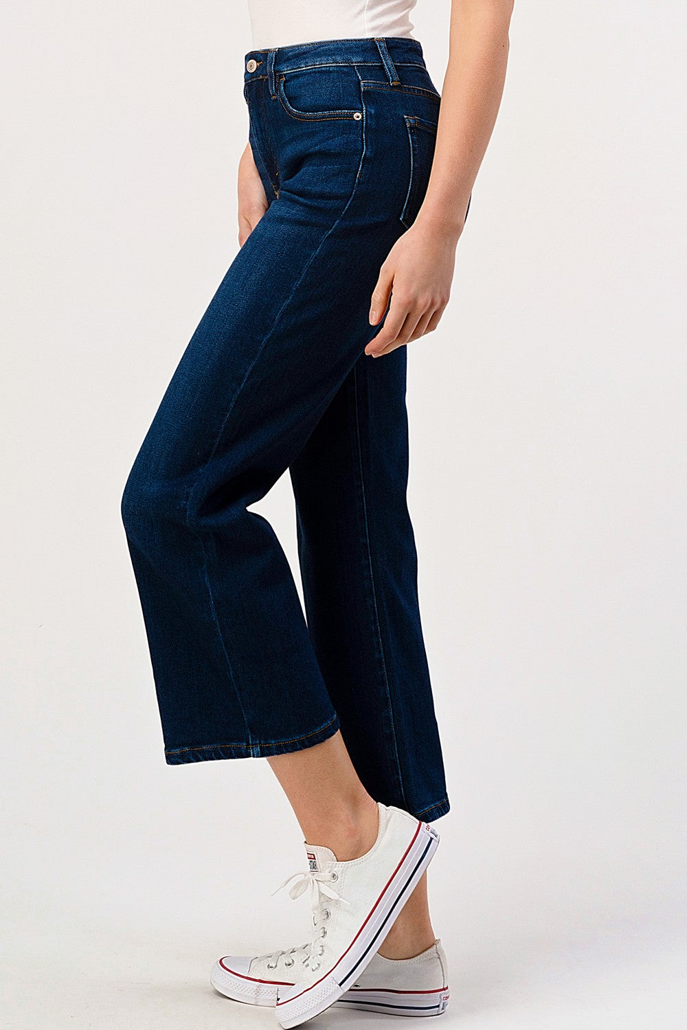 High Rise Dark Washed Cropped Flare Jeans