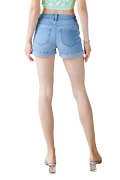 Women's High Rise Heavy Destructed Mid Length Short - Light Blue