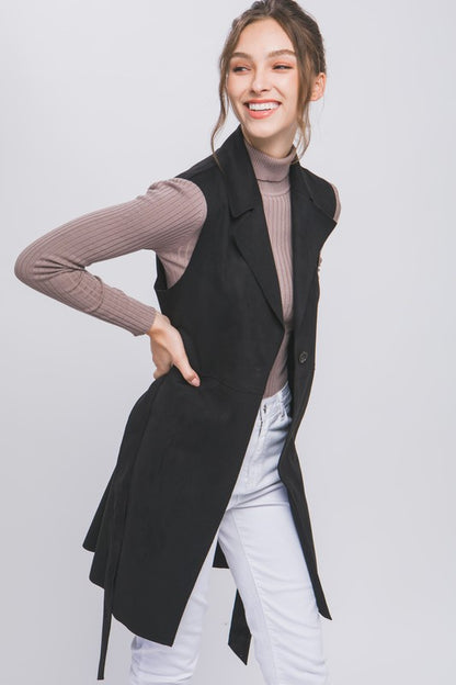 Suede Solid Waist Tie Long Vest