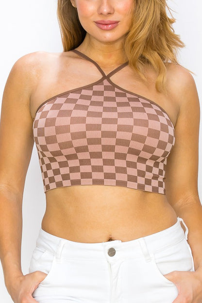 Checkered Pattern Halter Neck Crop Top