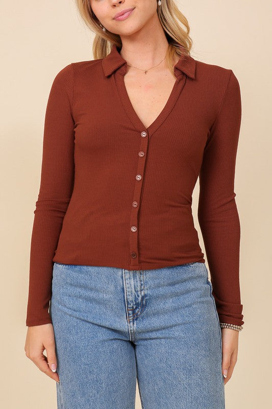 Heavy Ribbed Polo Button Down Top