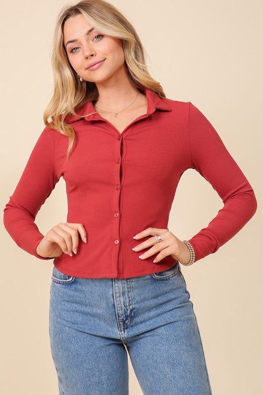 Long Sleeve Polo Button Down Ribbed Top