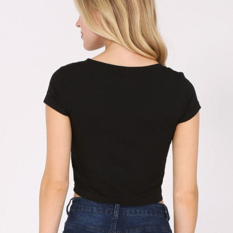 Women's Short Sleeve Stretch V-Neck Crop Top T-Shirt