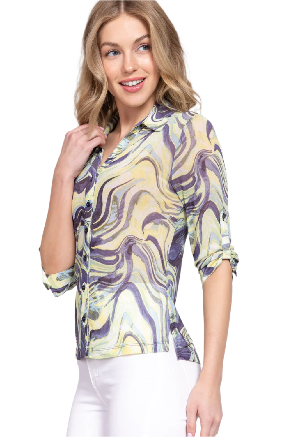 Roll Up Short Sleeve Notched Collar Open Neck Printed Mesh Shirt