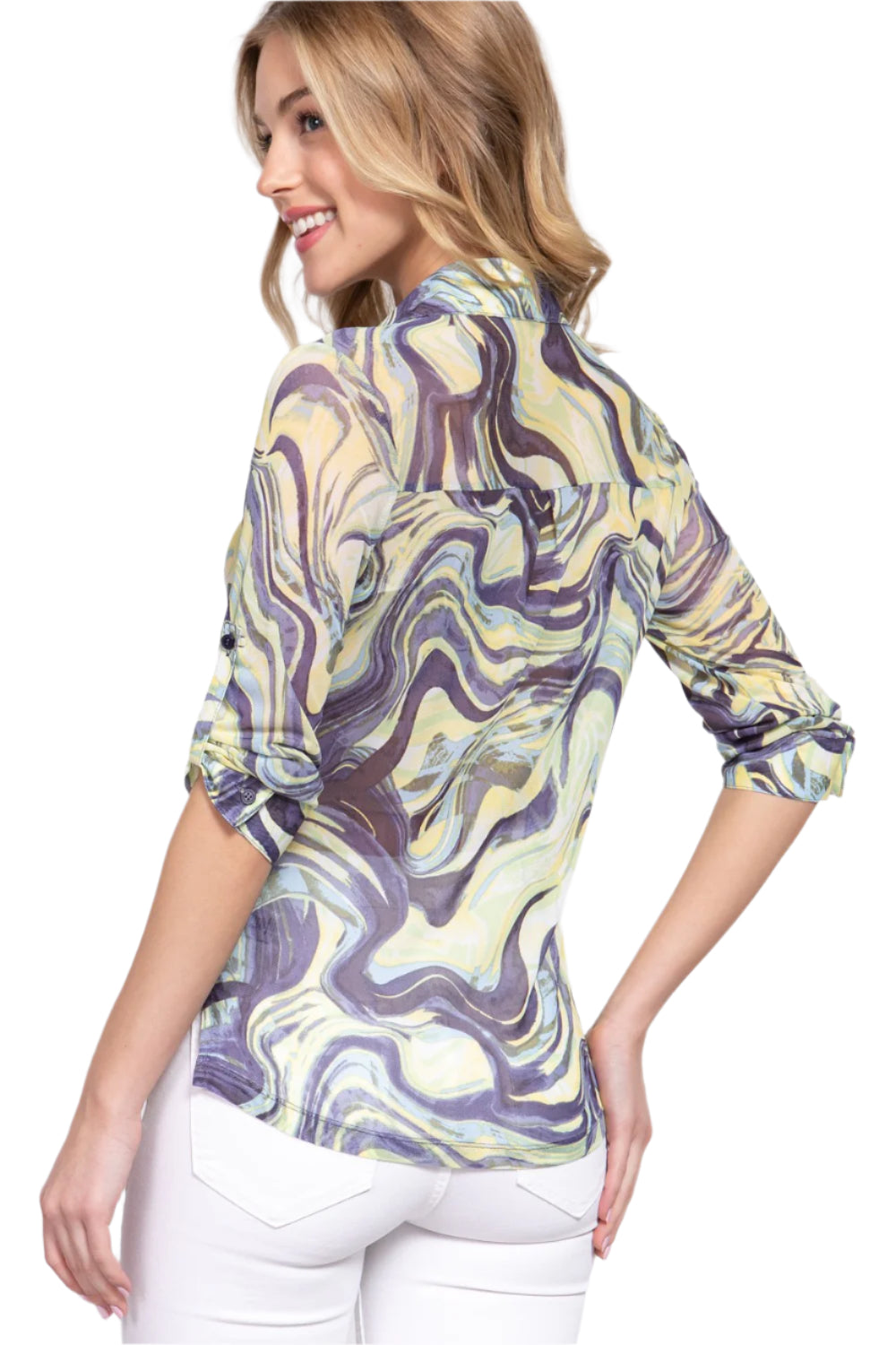 Roll Up Short Sleeve Notched Collar Open Neck Printed Mesh Shirt