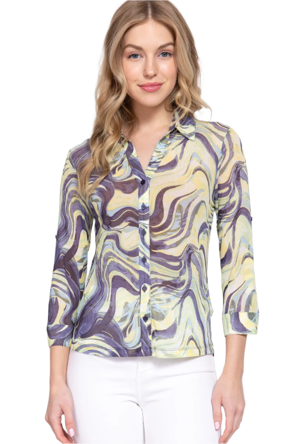 Roll Up Short Sleeve Notched Collar Open Neck Printed Mesh Shirt