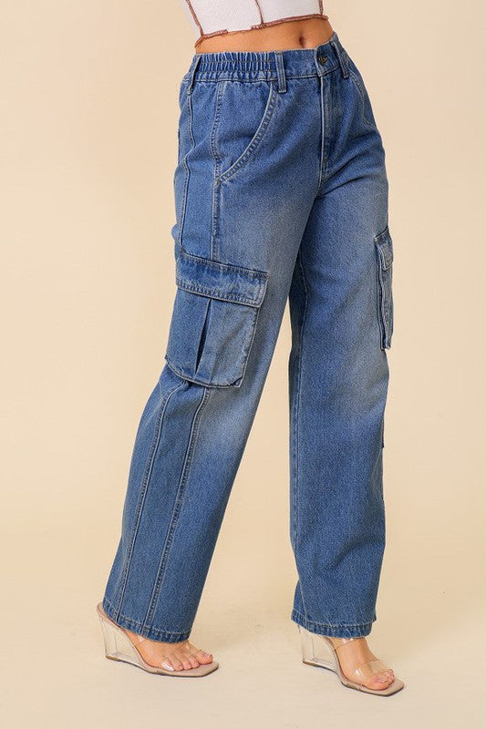 High Waisted Denim Cargo Jean