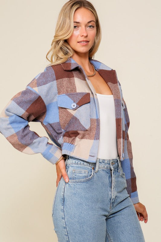 Long Sleeve Plaid Print Jacket With Front Pockets