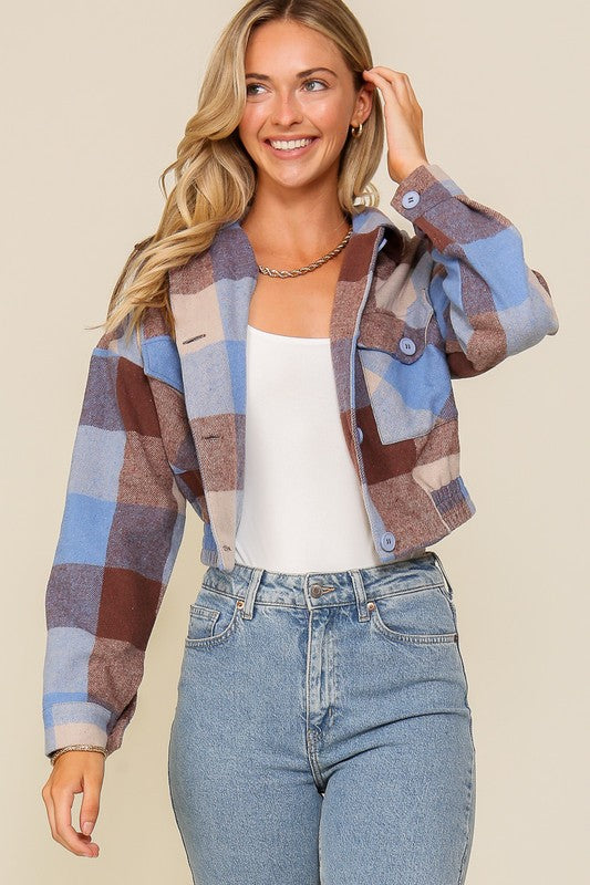 Long Sleeve Plaid Print Jacket With Front Pockets