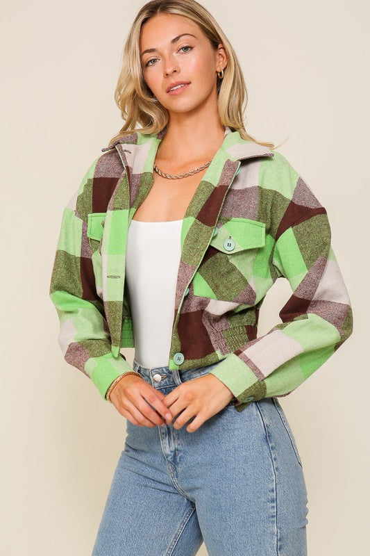 Long Sleeve Plaid Print Jacket With Front Pockets