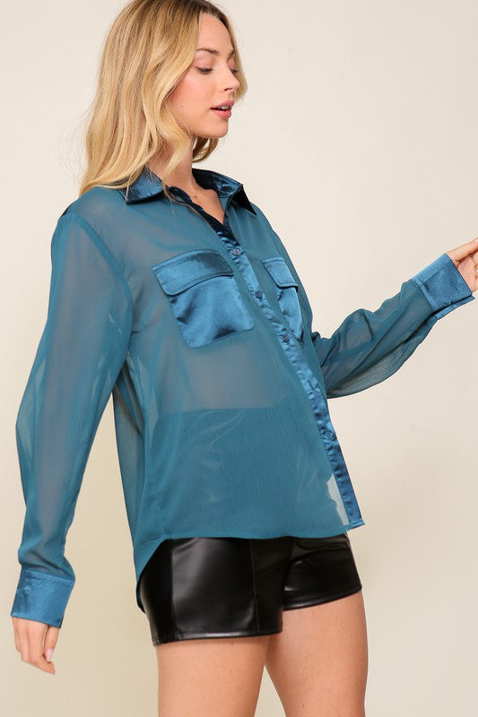 Long Sleeve Button Chiffon Blouse With Satin Trim