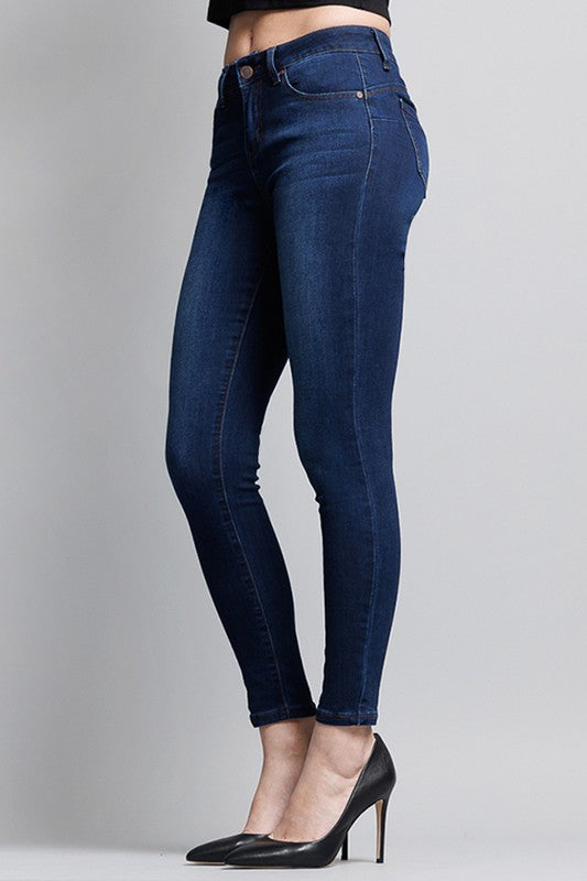 Basic Mid-Rise Ankle Cropped Denim Skinny Jeans - Dark Blue