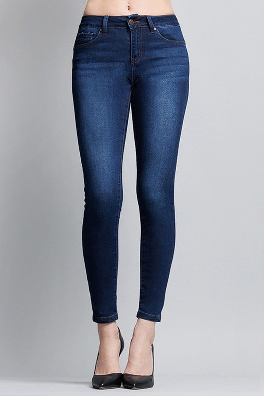 Basic Mid-Rise Ankle Cropped Denim Skinny Jeans - Dark Blue