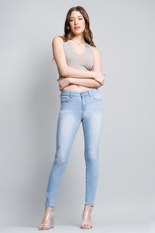 Basic Mid-Rise Ankle Cropped Denim Skinny Jeans - Light Blue