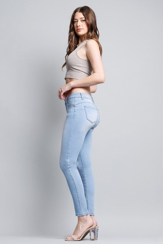 Basic Mid-Rise Ankle Cropped Denim Skinny Jeans - Light Blue