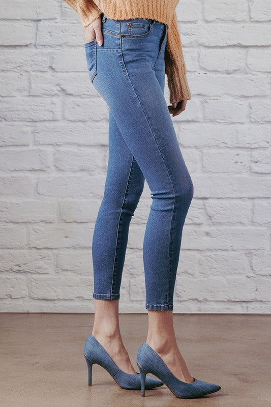 Basic Mid-Rise Ankle Cropped Denim Skinny Jeans - Medium Blue