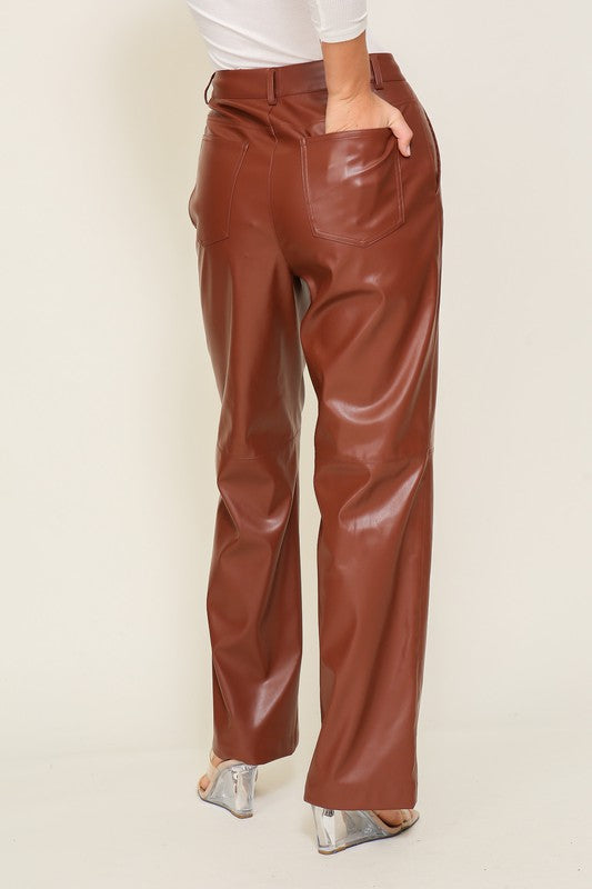 High Waisted Zipper Down P/U Leather Pants