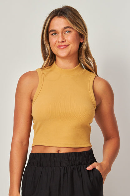 Rayon Ribbed Stretchy Cropped Mock Neck Tank Top