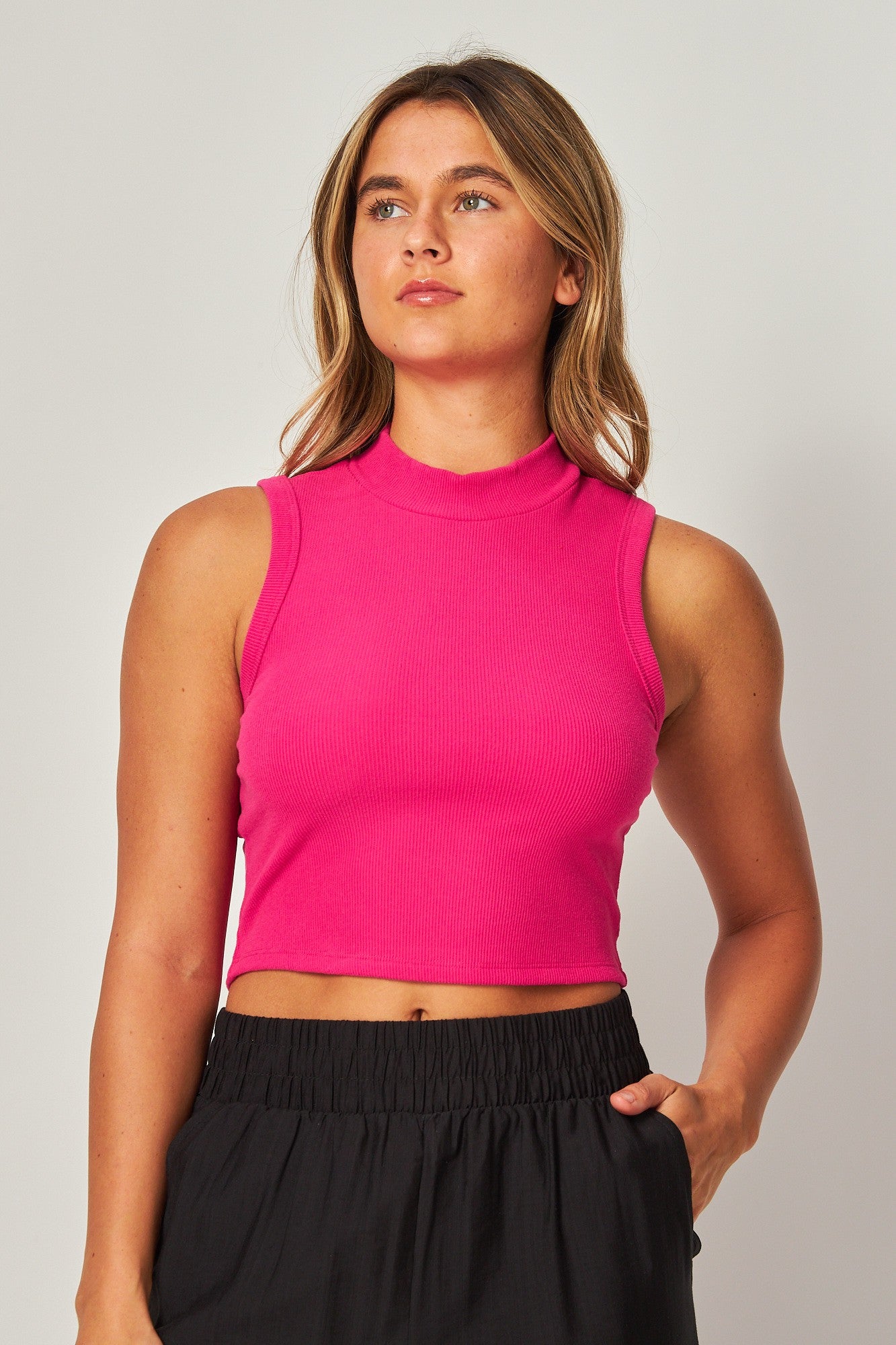 Rayon Ribbed Stretchy Cropped Mock Neck Tank Top