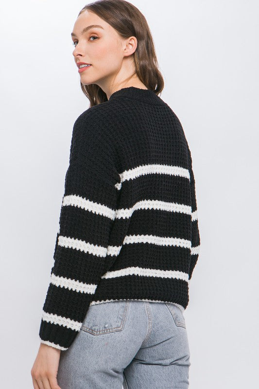 Striped Waffle Knit Long Sleeve Sweater Top