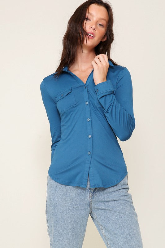 Long Sleeve Brushed Knit Collared Top