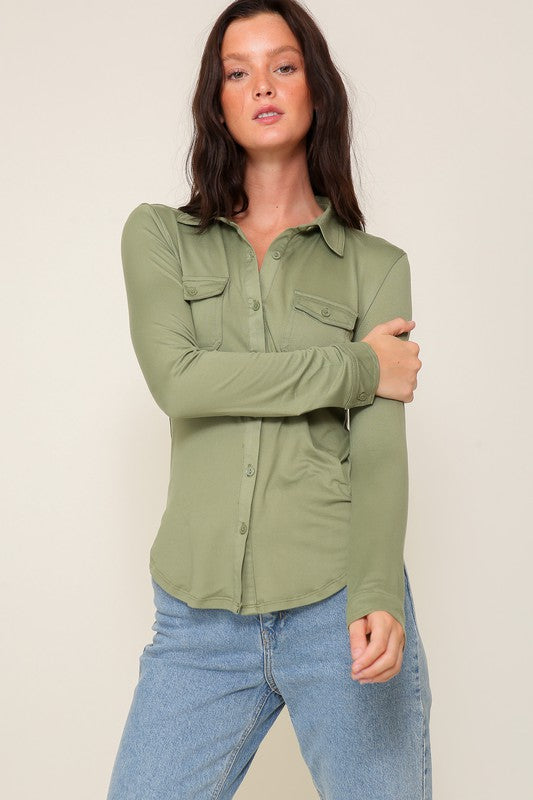 Long Sleeve Brushed Knit Collared Top