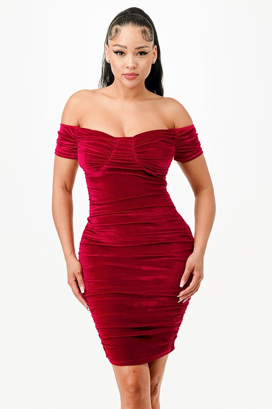 Off Shoulder Ruched Bodycon Mini Dress