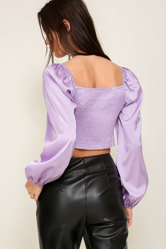 Long Sleeve Corset Satin Top With Front Tie
