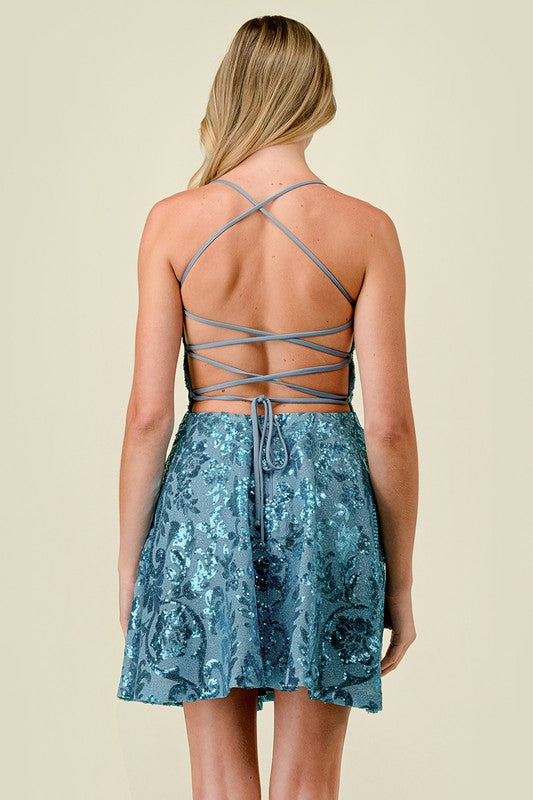 Floral Sequin Fit Flare Mini Dress Lavender / M Floral Sequin Fit Flare Mini Dress Lavender / M