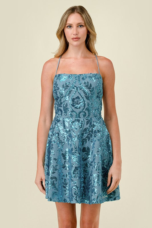 Floral Sequin Fit Flare Mini Dress BLUE / L Floral Sequin Fit Flare Mini Dress BLUE / L