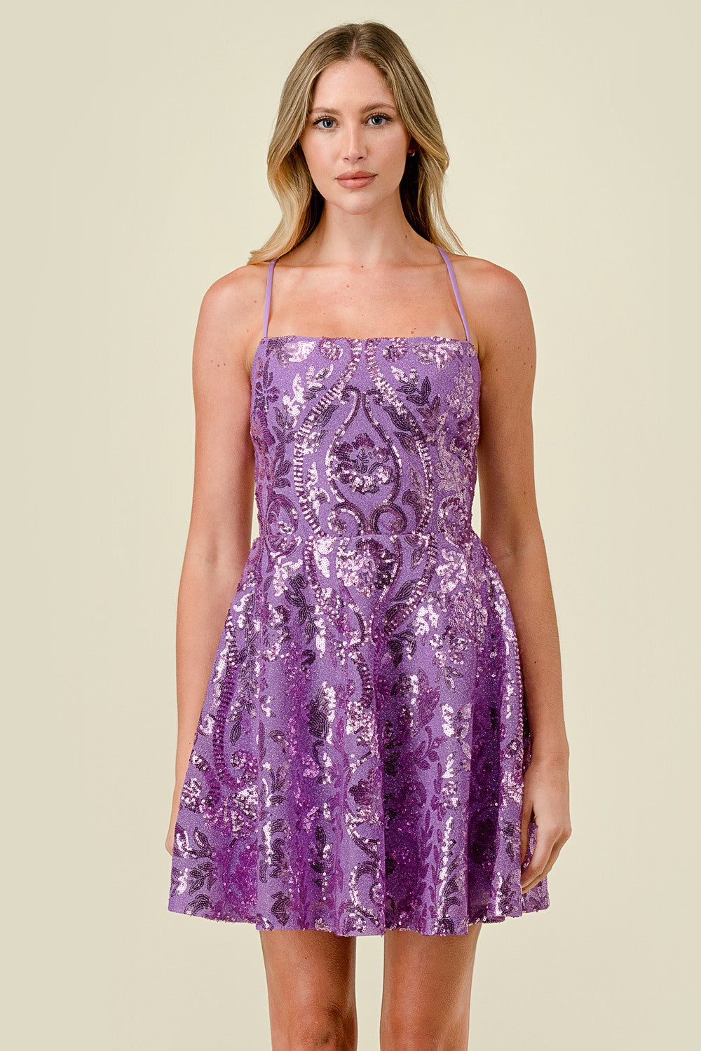 Floral Sequin Fit Flare Mini Dress LAVENDER / M
