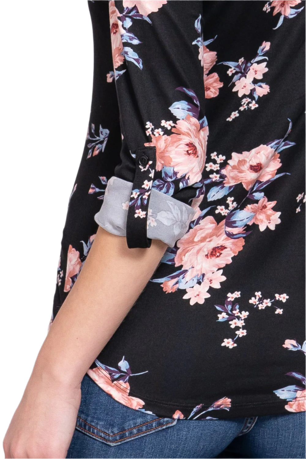 3/4 Roll Up Sleeve Notched Collar With Button Placket Floral Printed Knit Top