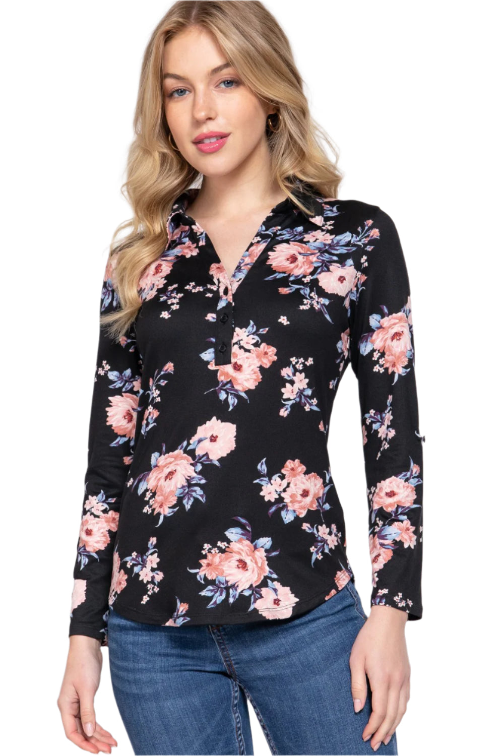 3/4 Roll Up Sleeve Notched Collar With Button Placket Floral Printed Knit Top