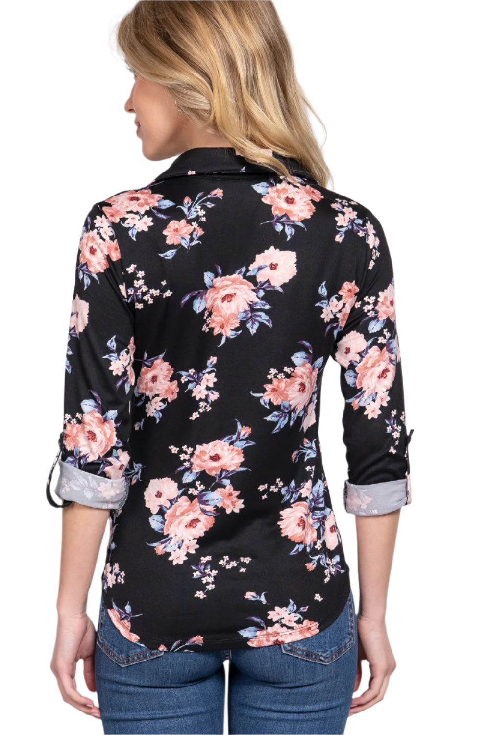 3/4 Roll Up Sleeve Notched Collar With Button Placket Floral Printed Knit Top