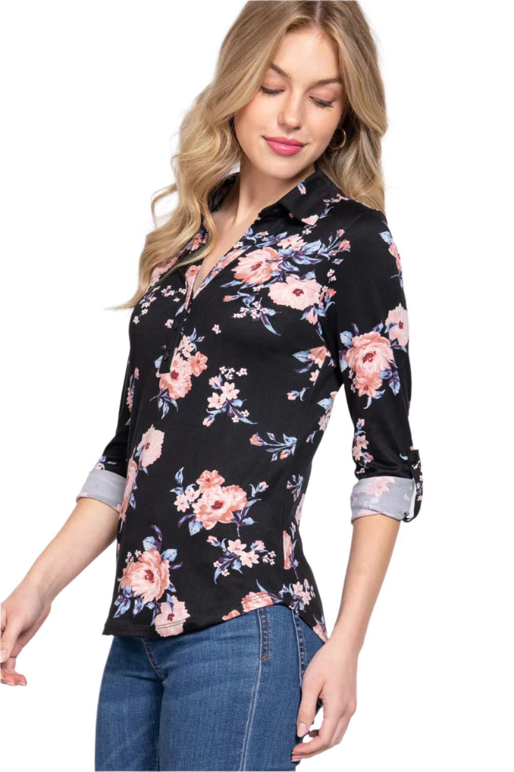3/4 Roll Up Sleeve Notched Collar With Button Placket Floral Printed Knit Top