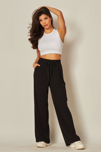 Ribbed High-rise Drawstring Wide Leg Pants