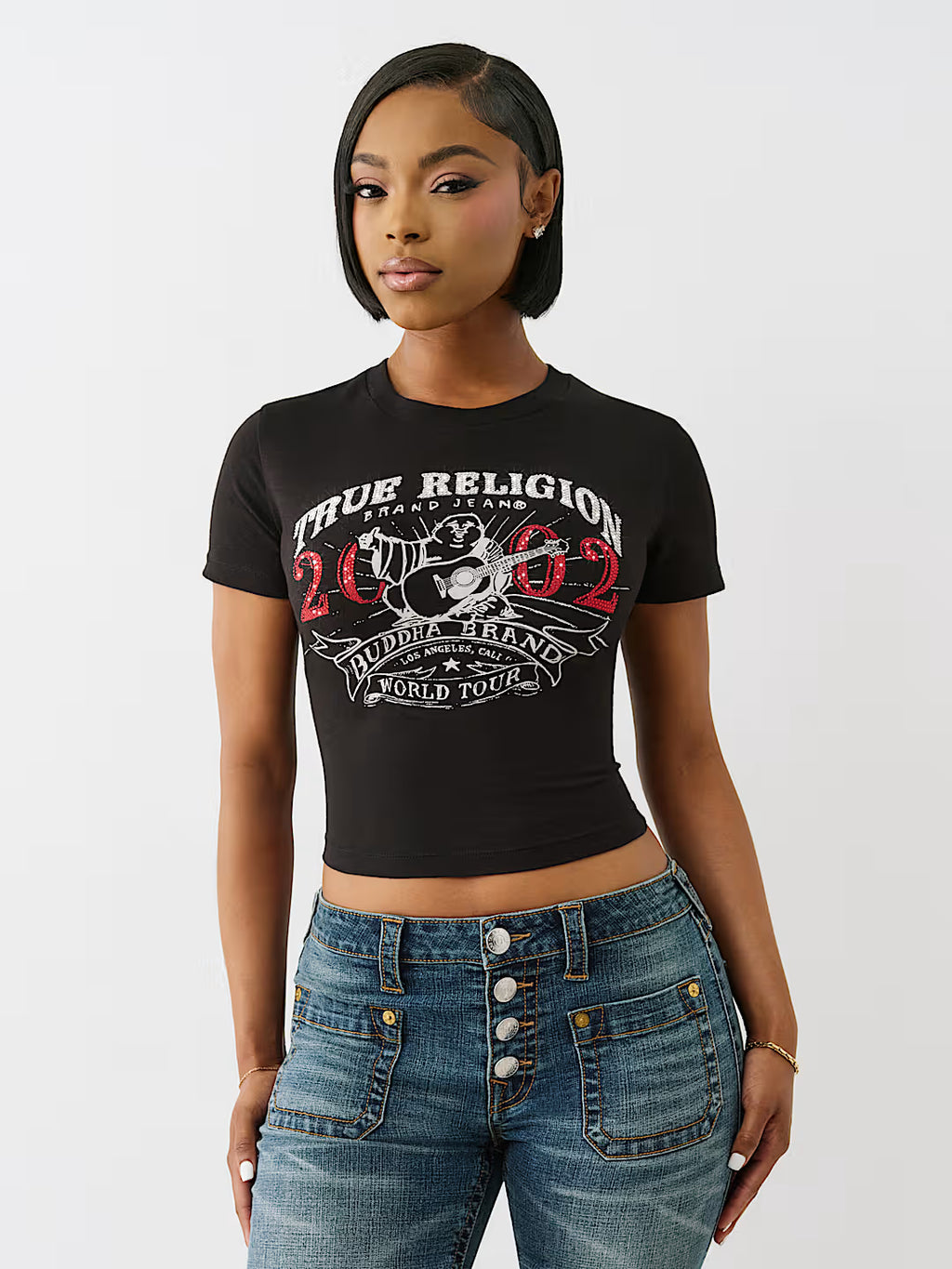 TRUE RELIGION Crystal OG World Tour Buddha Baby Tee