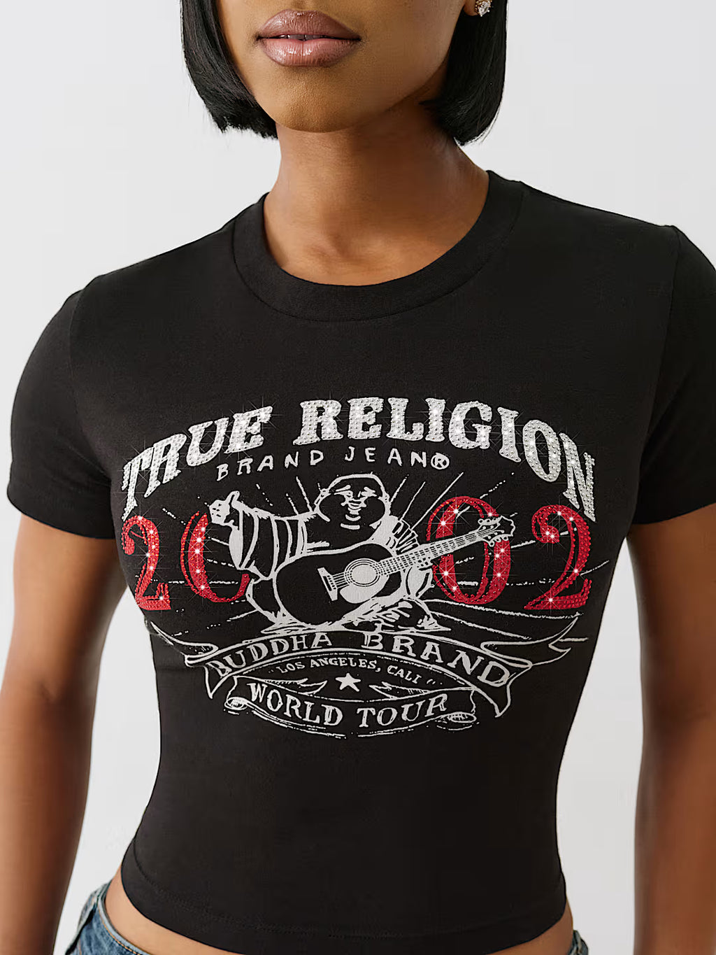 TRUE RELIGION Crystal OG World Tour Buddha Baby Tee