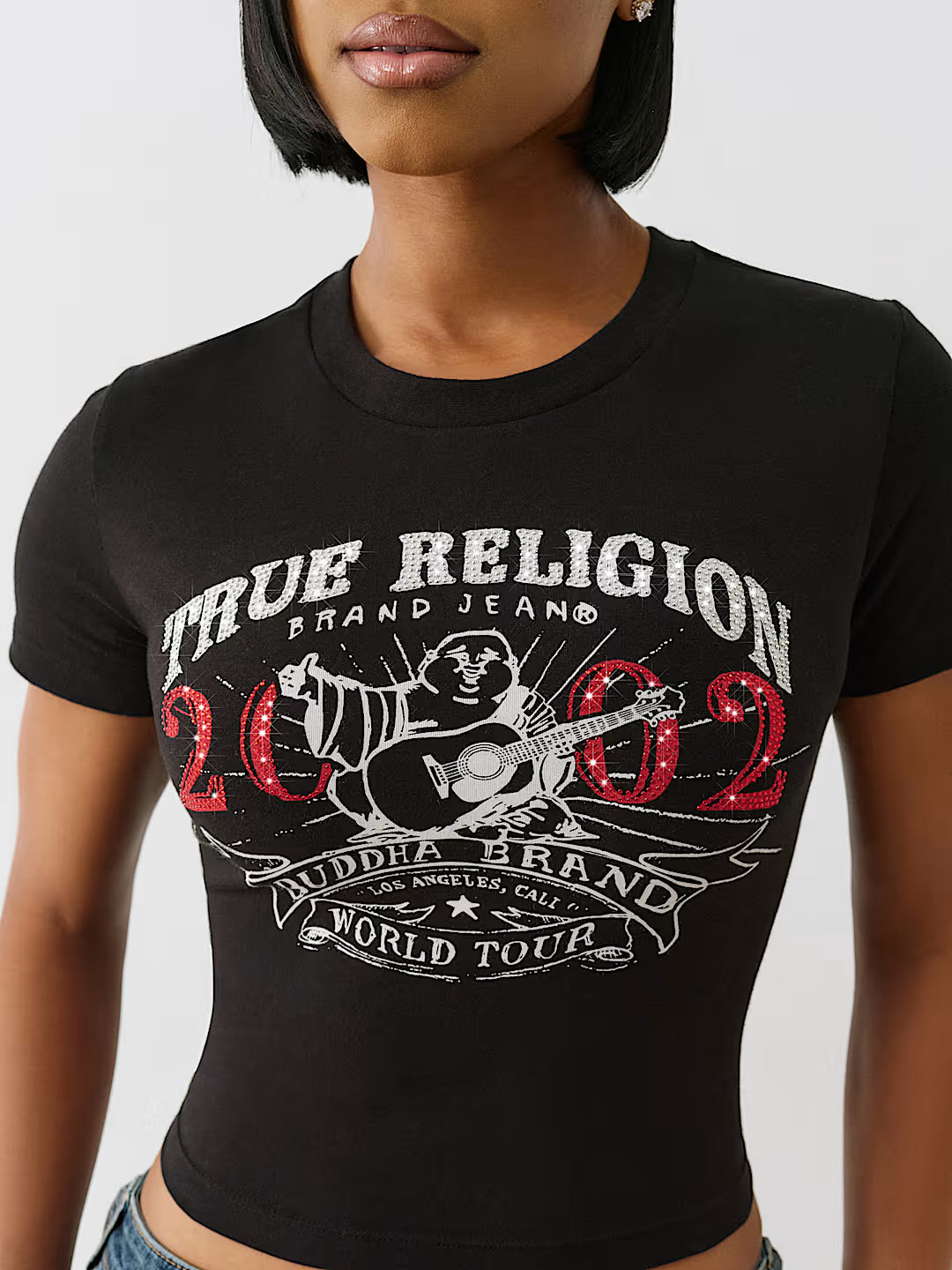 TRUE RELIGION Crystal OG World Tour Buddha Baby Tee