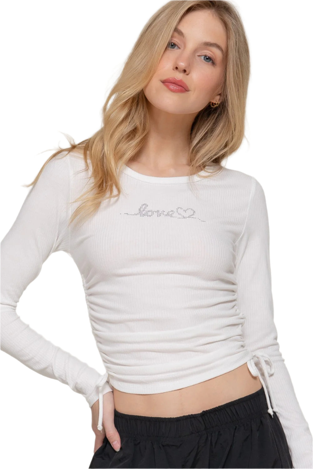 Long Sleeve Side Ruched Rhinestone Detail Ribbed Top