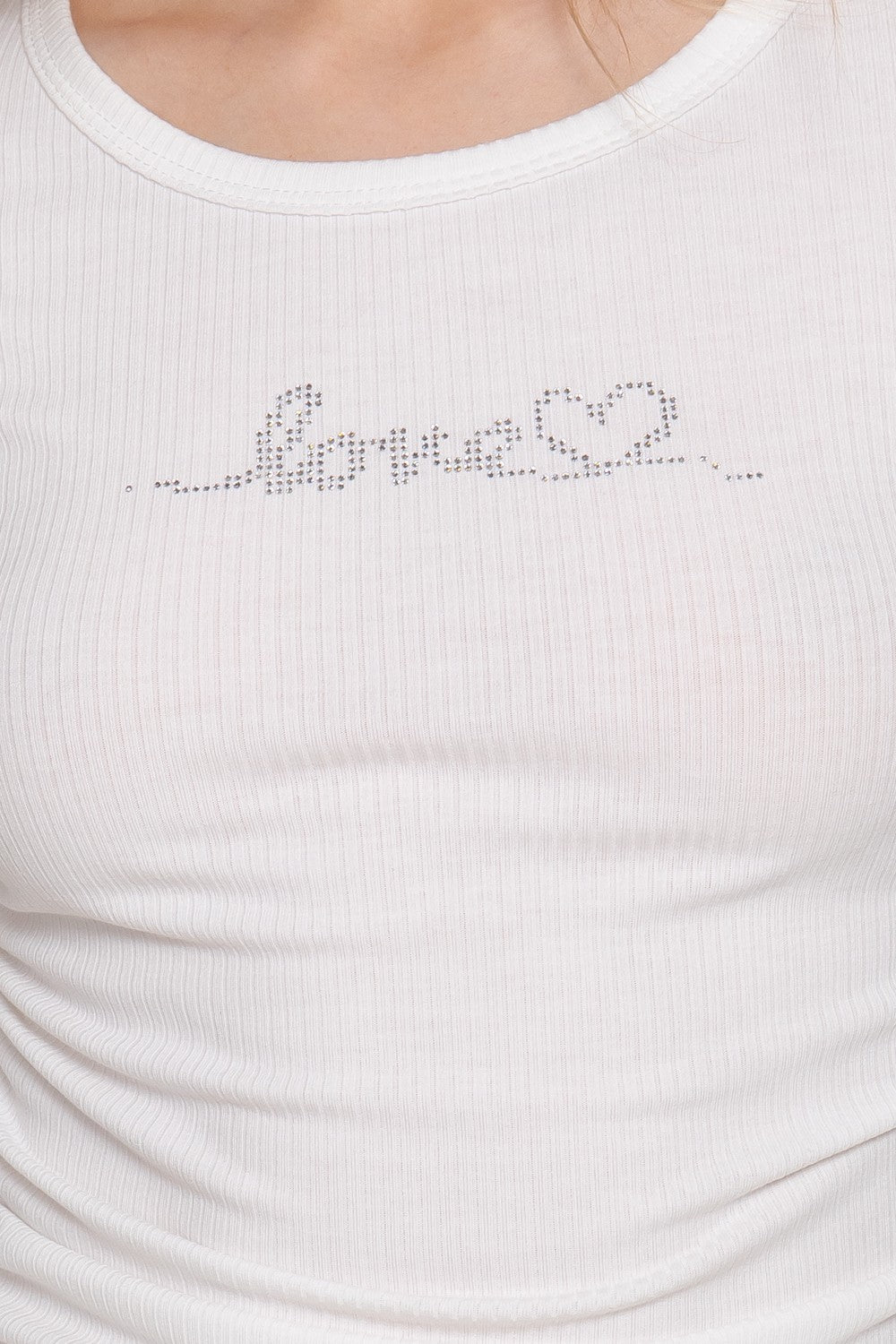 Long Sleeve Side Ruched Rhinestone Detail Ribbed Top