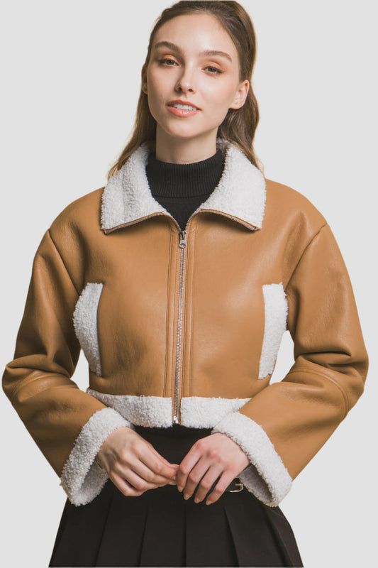 Cropped Shearling Vegan Faux Leather Jacket